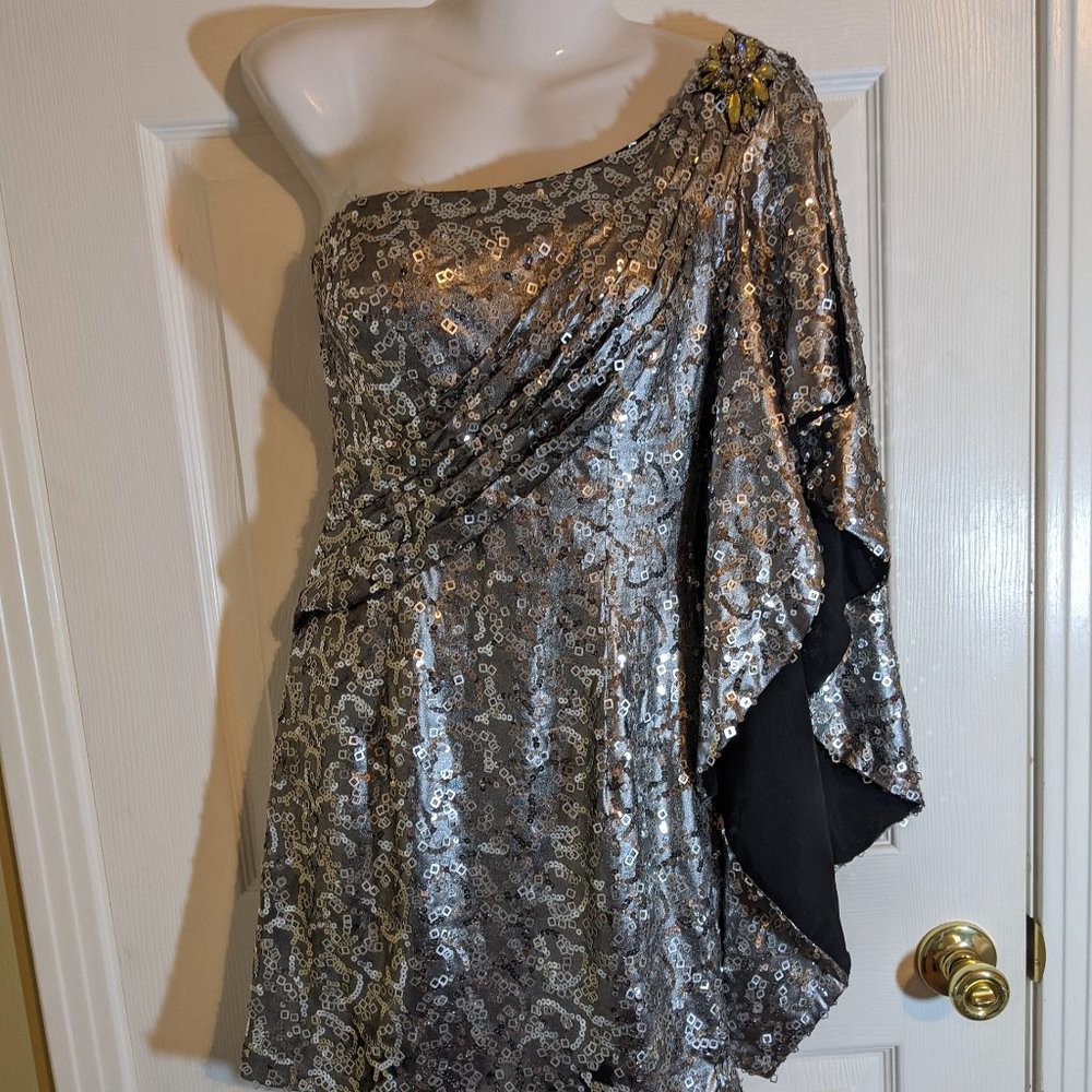 Lux Gal 1 Shoulder Silver Sequin Godess Dress w/Rhinestones & Flutter Sleeve - 4
